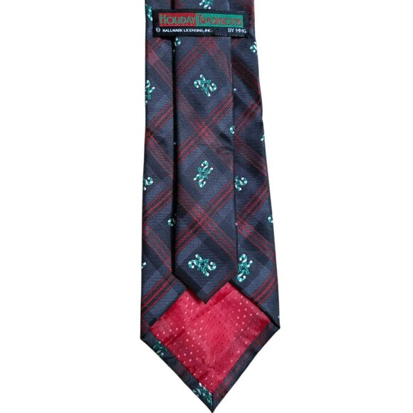 VTG Plaid Candy Cane Neck Tie Gray Red Tartan Christmas Holiday Party Hallmark - Picture 3 of 7